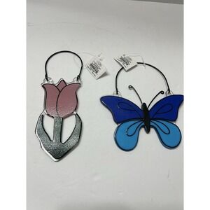 Mud Pie Suncatchers Set Of 2 Pink Tulip Blue Butterfly Black Metal Frame Hook